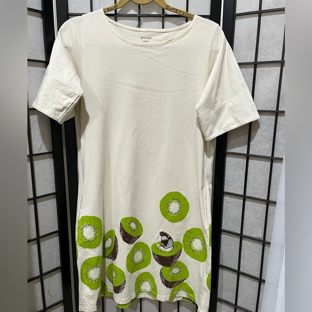 VINTAGE GRANIPH Kiwi Print Cream A-LINE SHORT SLEEVES TEE SHIRT Dress, SIZE S/M - Picture 3 of 10